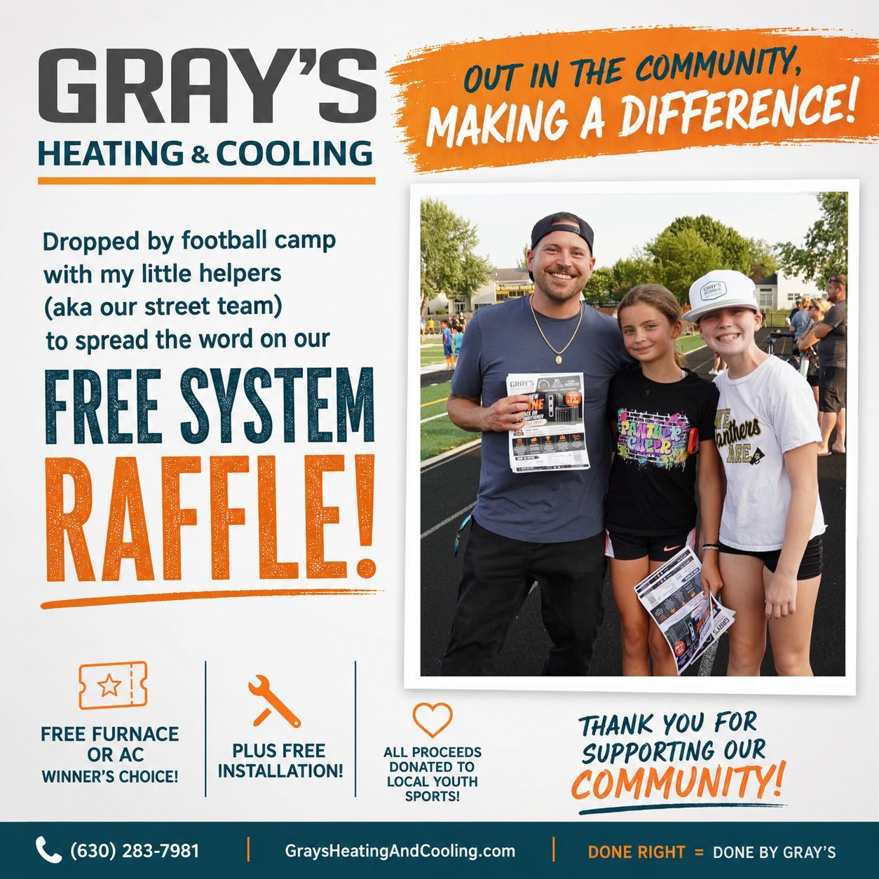 Gray’s Heating and Cooling team at football camp promoting the free system raffle benefiting local youth sports