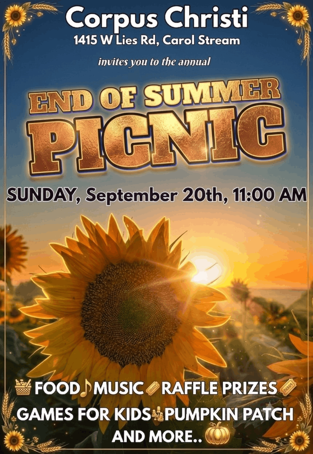 Corpus Christi Catholic Church End of Summer Picnic flyer, Sunday September 20 at 11 AM in Carol Stream